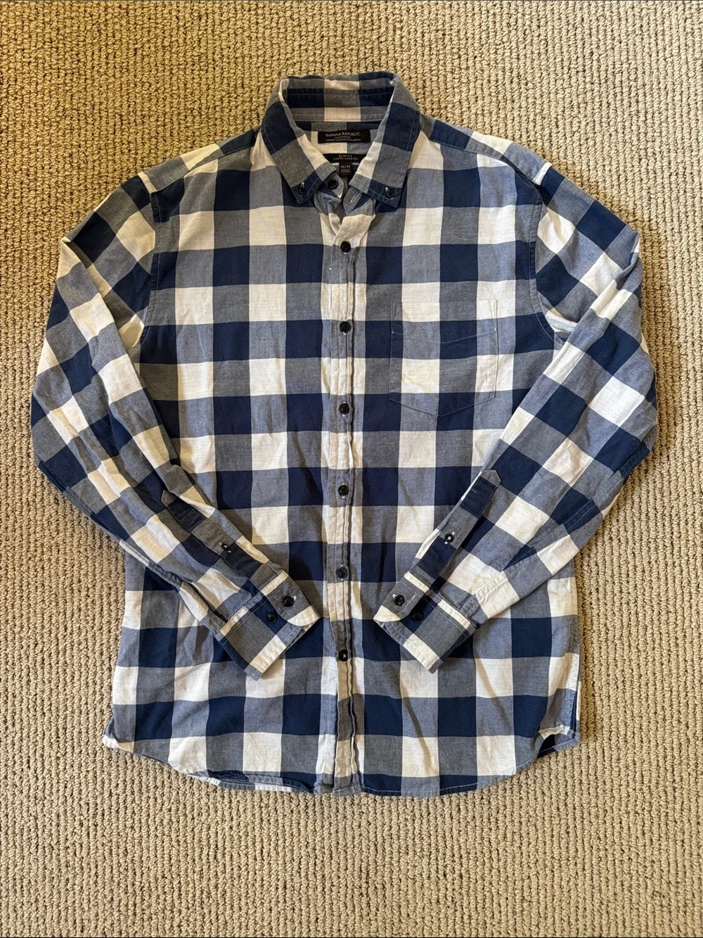 Banana Republic Navy and White Check Button-Down Shirt - Casual Plaid
